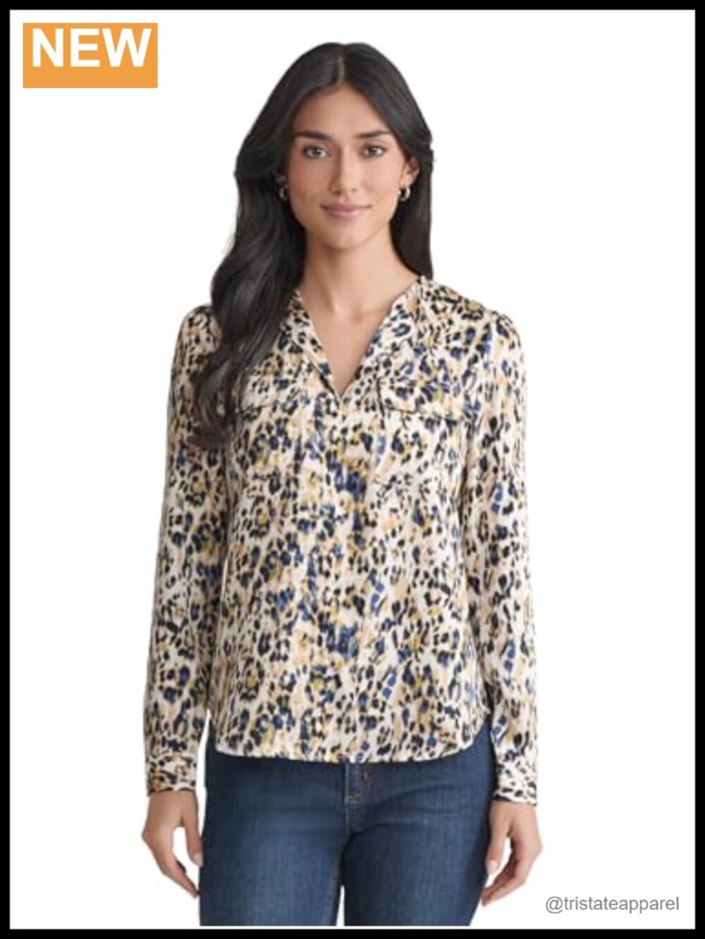 Womens Long Sleeve Animal Printed Satin Blouse V-Neck Dressy Work Top